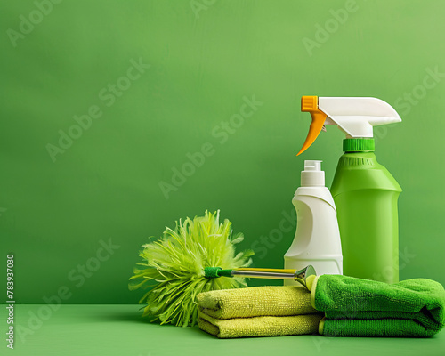 Commercial A set of housekeeping tools ? a feather duster, spray bottle, and microfiber cloths ? rests beside a bottle of eco friendly cleaning solution with a green label