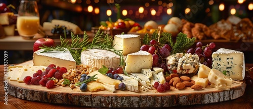 Artistic Shot  Genre Cheese  Scene An assortment of artisan cheeses arranged artistically on a wooden board with fruits and nuts  Emotion Rustic  Lighting Overhead, soft  Time Evening  Location 