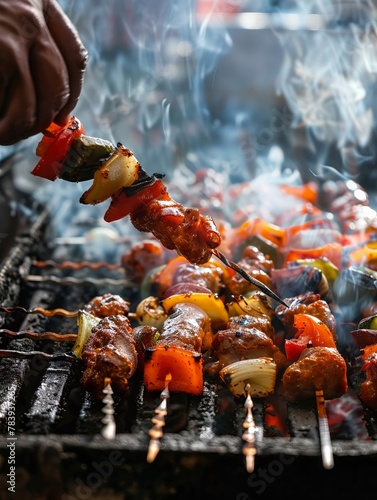 Closeup of a hand grilling skewers of marinated meats and vegetables on a barbecue, with a smoky background photo