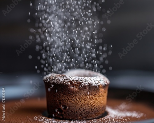 Macro shot of a delicate chocolate soufflA , fresh out of the oven, with a dusting of cocoa powder on top photo