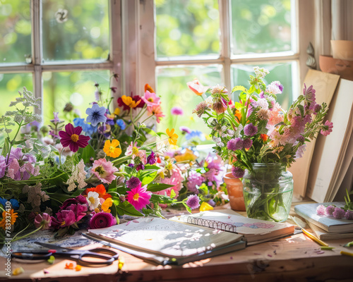 Commercial A vibrantly colored bouquet of flowers rests beside a pair of gardening shears and a notebook filled with floral arrangements photo