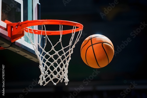 Basketball ball dribbling through hoop, symbolizing competitive success