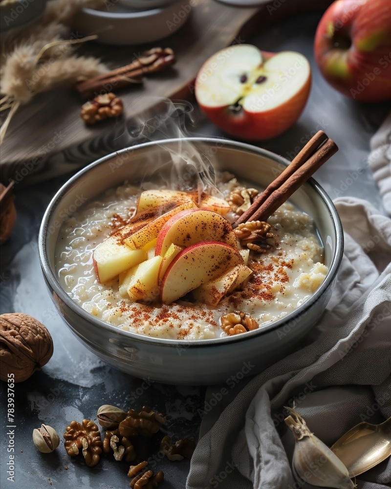 TopDown Shot Genre Comfort Scene A steaming bowl of oatmeal with cinnamon and apples, scattered walnuts on the side Emotion Warmth Lighting Morning sunlight Time Breakfast Location TopDown Shot Genre Comfort Scene A steaming bowl of oatmeal with cinnamon and apples, scattered walnuts on the side Emotion Warmth Lighting Morning sunlight Time Breakfast Location