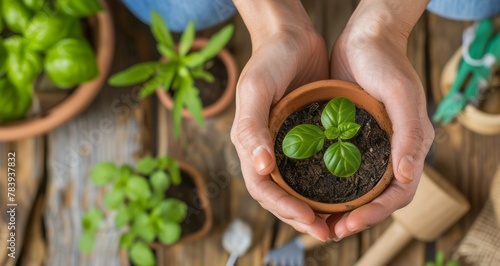 Person hands cradling a young basil plant in a clay pot, concept of home gardening and sustainability