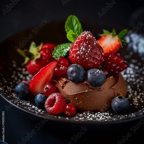 Macro shot of a chocolate avocado mousse with fresh berries  using negative space and backlighting for a sophisticated dessert look at a gourmet cafe