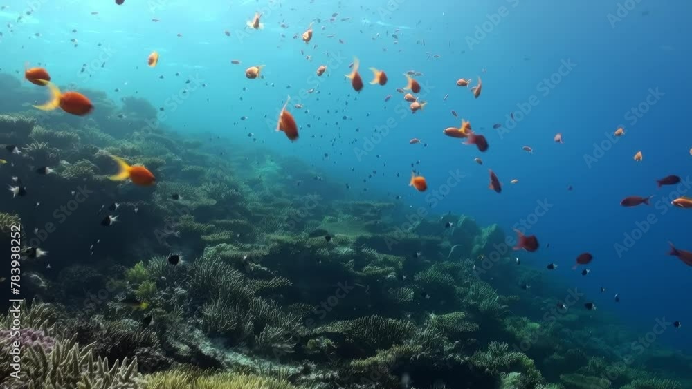 A school of fish swims in the ocean. The fish are of various colors and sizes. The scene is peaceful and serene. The underwater world of the Red Sea. A school of fish swims in the ocean. The fish are of various colors and sizes. The scene is peaceful and serene. The underwater world of the Red Sea.
