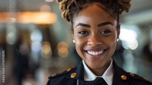 Female officer in uniform with bokeh lights. Close-up portrait with blurred background.