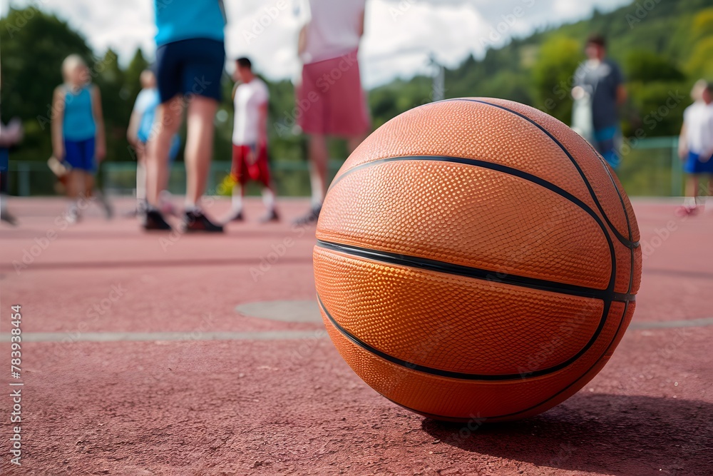 Basketball ball on court with people in background, sports scene Basketball ball on court with people in background, sports scene