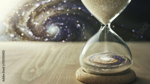Double exposure of an hourglass with grains of sand forming a galaxy, representing the passage of time and the vastness of the universe photo