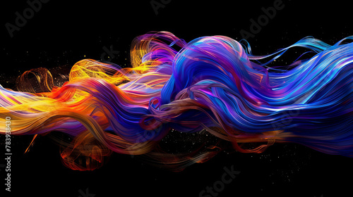 Double exposure of swirling brushstrokes in vibrant colors against a stark black background, high resolution, detailed texture photo