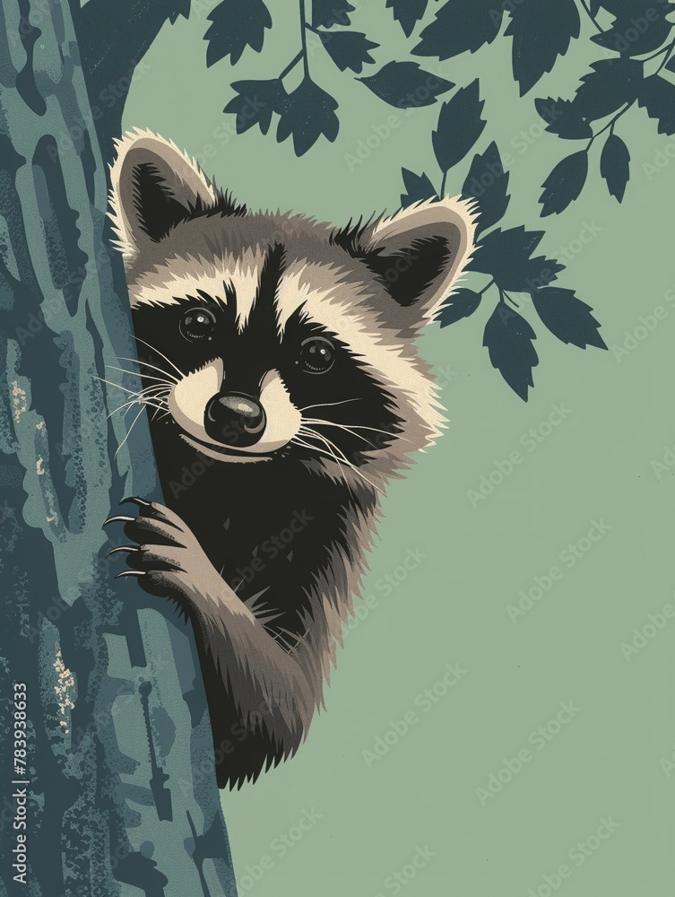 A simple, vibrant image of a raccoon peeking from behind a tree, symbolizing curiosity and adaptability