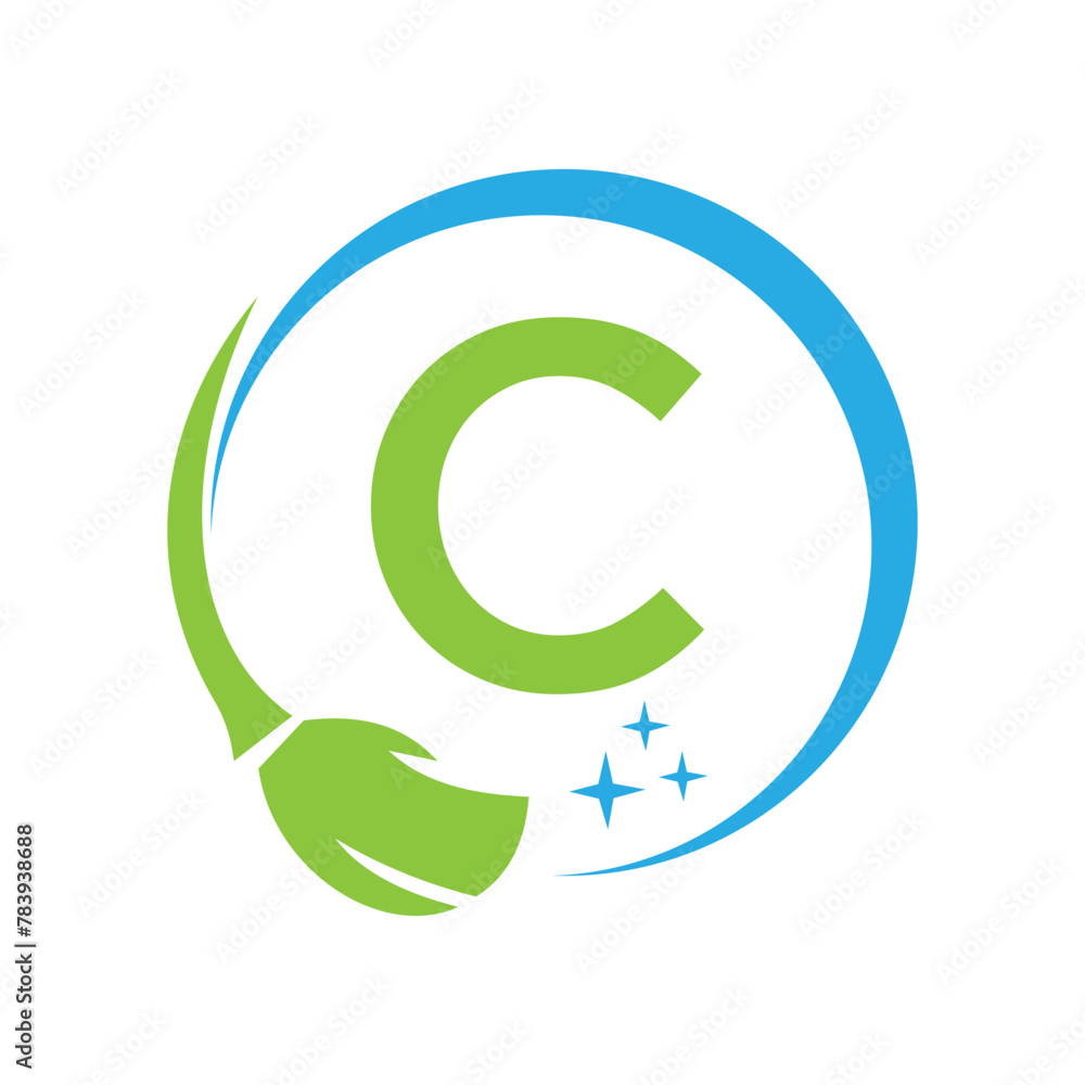 House Clean Logo On Letter C With Clean Brush and Water Symbol. Maid Sign House Clean Logo On Letter C With Clean Brush and Water Symbol. Maid Sign