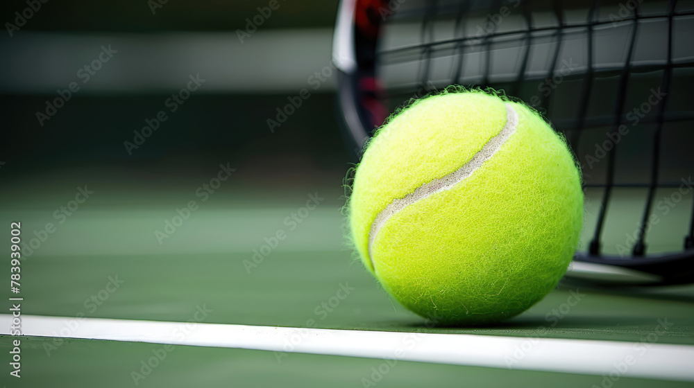 Green tennis ball close-up. Blurred background with a tennis court.