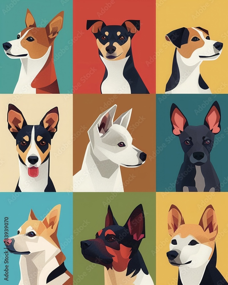 Minimalist, vibrant portrayal of different dog breeds with cues on reading their body language