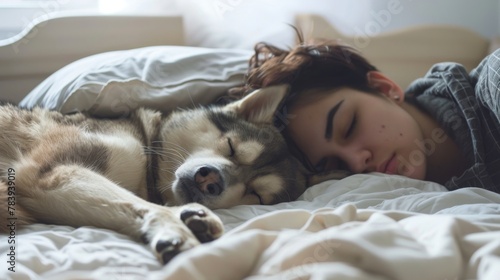 Serene Woman and Husky Sleeping Together in Bed