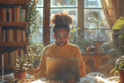 Online An African American adult learner sits comfortably in a well lit home office with a bookshelf in the background Sunlight streams through the window