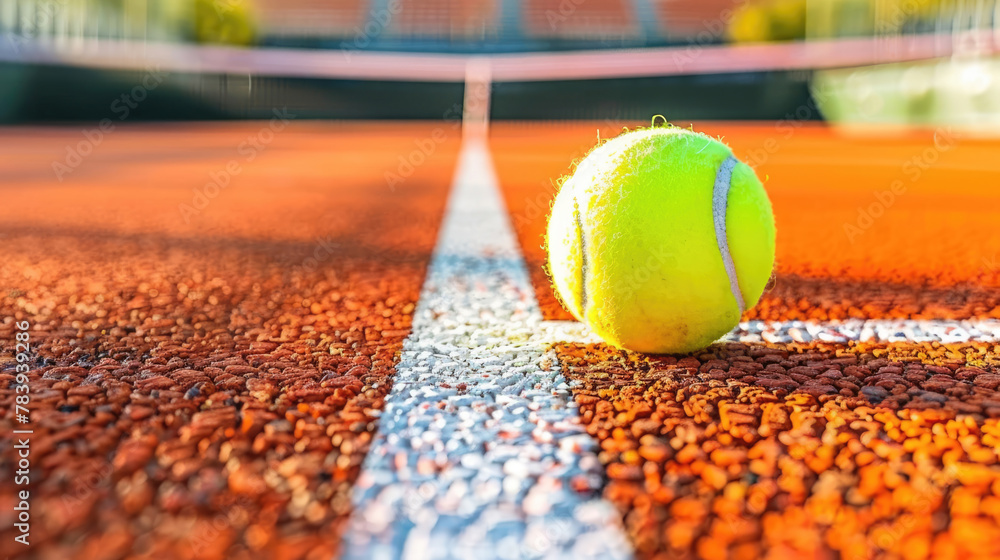 Green tennis ball close-up. Blurred background with a tennis court.