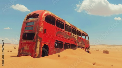 A bright red London doubledecker bus halfburied in the sands of a vast desert, a mirage of transportation and isolation