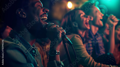 Professional Stock Photography, double exposure style, A group of people attend a comedy show at a local club photo