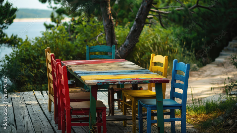 Picnic table on the terrace with colorful chairs