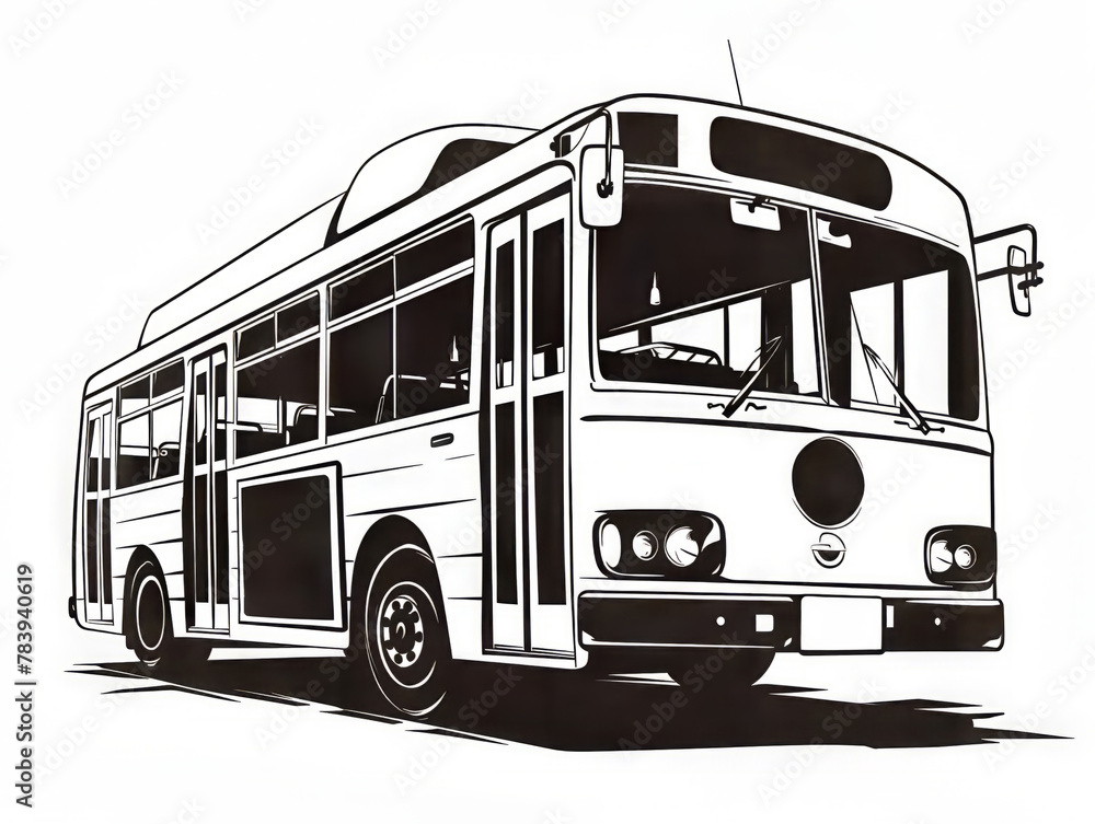 Minimalist portrayal of a city bus in profile, black outlines, flat icon design, uncluttered aesthetic