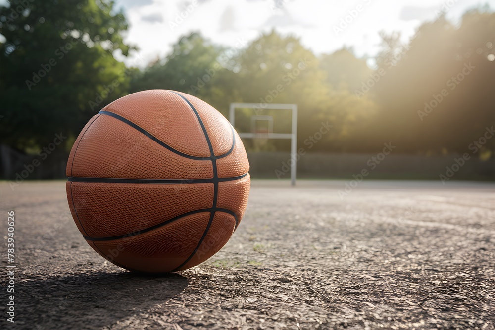 Basketball on sunny outdoor court, ready for game action Basketball on sunny outdoor court, ready for game action