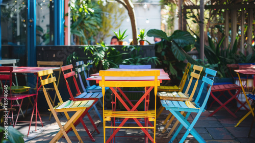 Picnic table on the terrace with colorful chairs