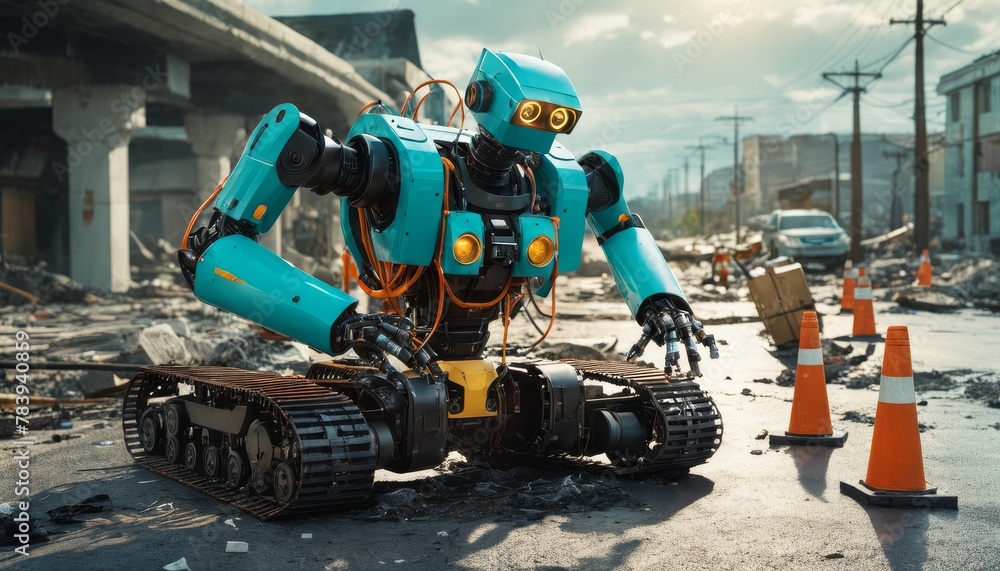 A futuristic search and rescue robot navigates a post-disaster urban landscape, showcasing the potential of robotics in crisis situations.. AI Generation A futuristic search and rescue robot navigates a post-disaster urban landscape, showcasing the potential of robotics in crisis situations.. AI Generation