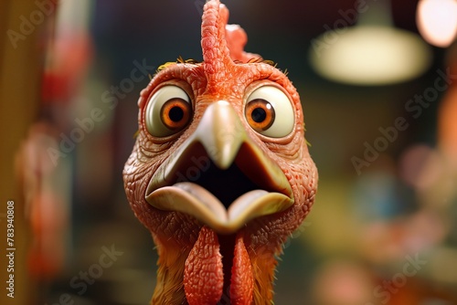 Atrapado en un haz de luz, esta caricatura de pollo con ojos bien abiertos emana una cómica sorpresa, encarnando el lado caprichoso de la vida en la granja. photo