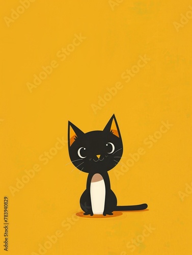 Un encantador gato negro se sienta erguido contra un fondo monocromo, sus ojos brillantes y su pelaje lustroso contrastan fuertemente con el tono besado por el sol. photo