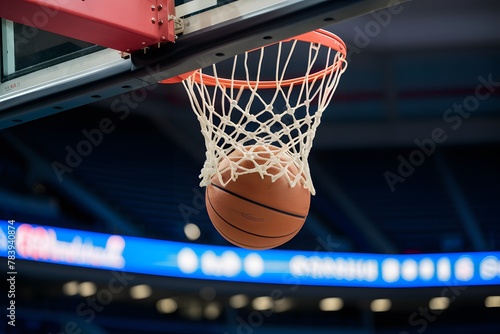 Basketball scores as it flies into arena hoop photo