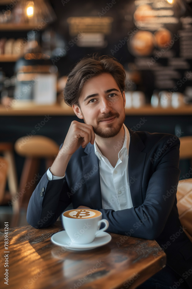 Thoughtful young man with bitcoin logo art on froth in a cozy cafe. Payment by cryptocurrency