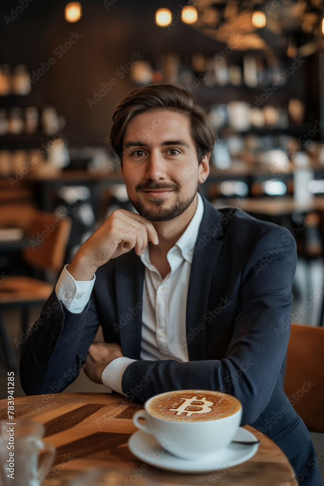 Man with Bitcoin latte art in a cozy cafe setting. Payment by cryptocurrency