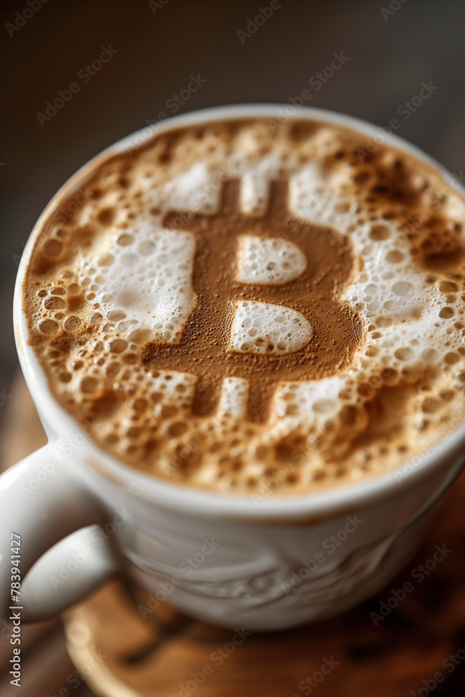 A cappuccino with a creative Bitcoin latte art design. Payment by cryptocurrency A cappuccino with a creative Bitcoin latte art design. Payment by cryptocurrency