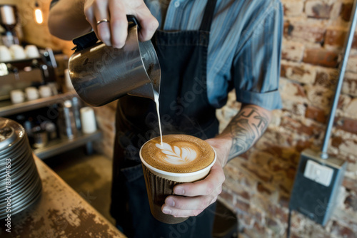 Professional Stock Photography, double exposure style, A skilled barista wearing a sleek black apron steams milk 