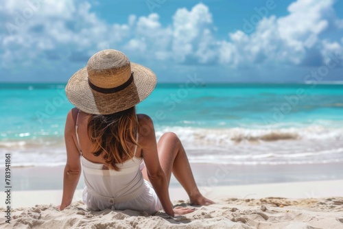 Woman enjoys tranquil relaxation, sitting on a sandy beach with a picturesque sea view
