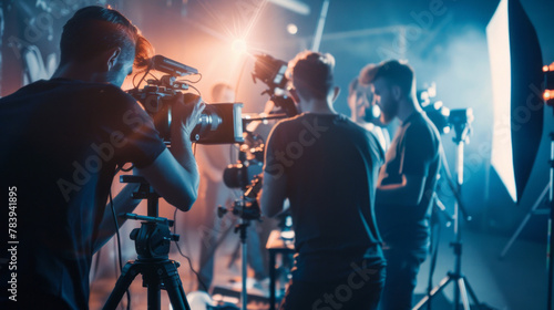 Professional Stock Photography, double exposure style, A team of content creators films a video in a professional studio setting 