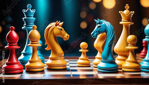 Vibrant chess pieces in red and blue set up for an engaging match, highlighting the game's dynamic and competitive spirit.. AI Generation