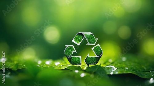 A close-up of a small Recycle symbol on a bokeh horizontal line green nature background.