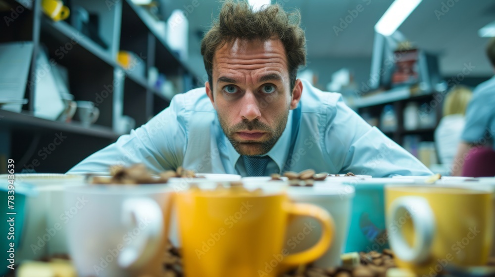 Concerned man closely examining coffee cups on a kitchen counter. Attention to detail and scrutiny concept.