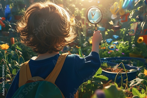 A child holds a magnifying glass to look at insects in a school garden during an environment learning lesson photo