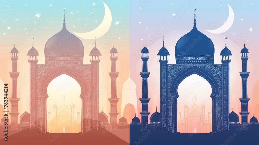 Islamic greeting card, banner template with Ramadan Kareem text. Modern design with geometric pattern overlay effect in blue and trendy peach tones.