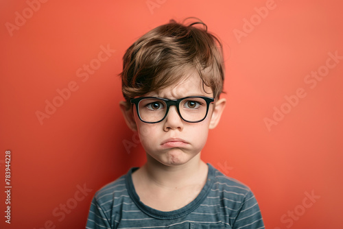 Displeased Young Boy in Glasses on Bright Orange Background 