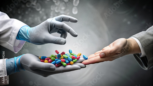 A person wearing a lab coat and blue gloves offers coloured tablets to an outstretched hand.The environment suggests a medical or pharmaceutical context,with a clinical and dynamic feel.AI generated. © Czintos Ödön