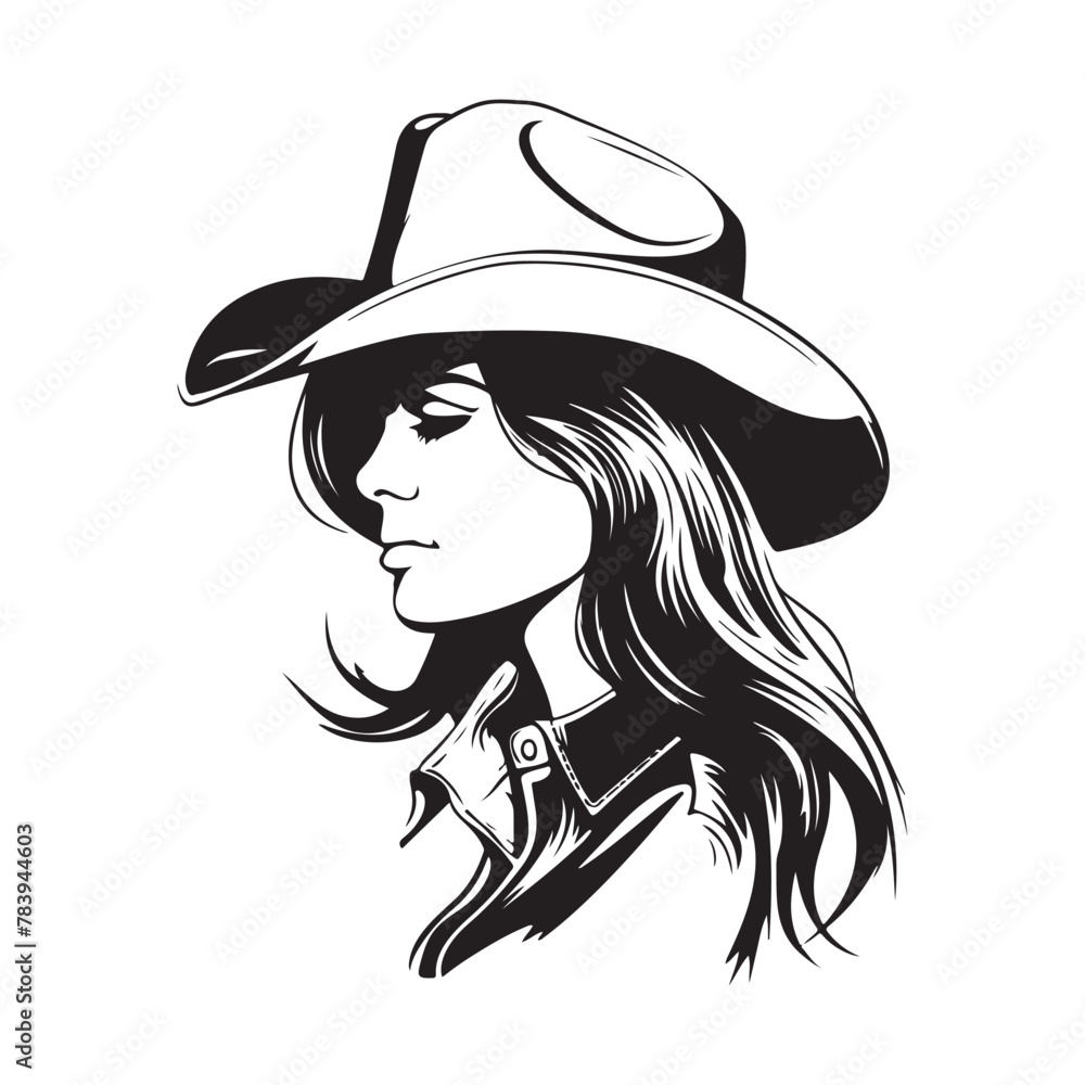 Beautiful Young Woman In Cowboy Hat. Vector Illustration Of A Girl With Long Hair In A Hat Beautiful Young Woman In Cowboy Hat. Vector Illustration Of A Girl With Long Hair In A Hat