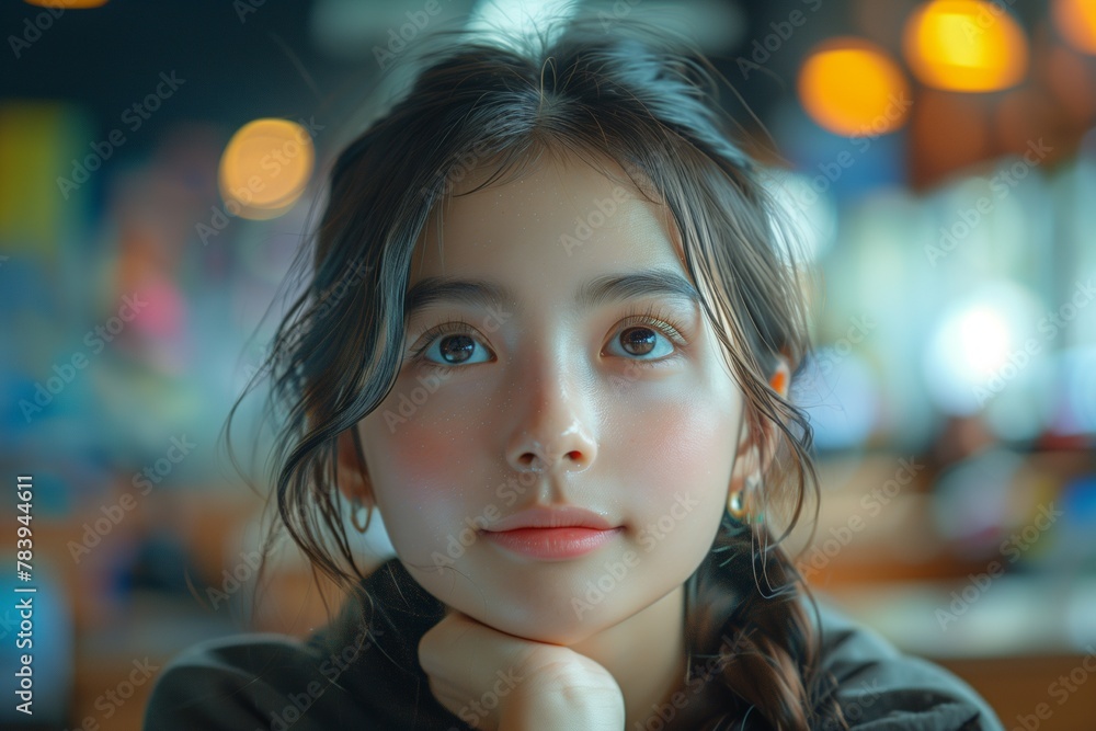 Woman pretending to think of something happy Woman pretending to think of something happy