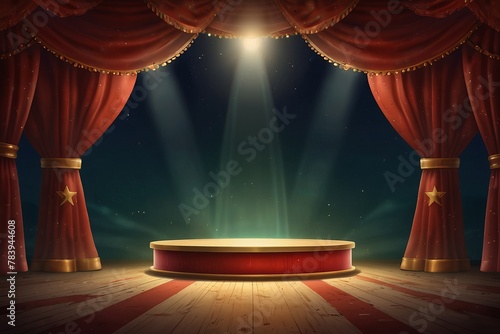 Circus stage podium background 3D carnival light red show curtain photo