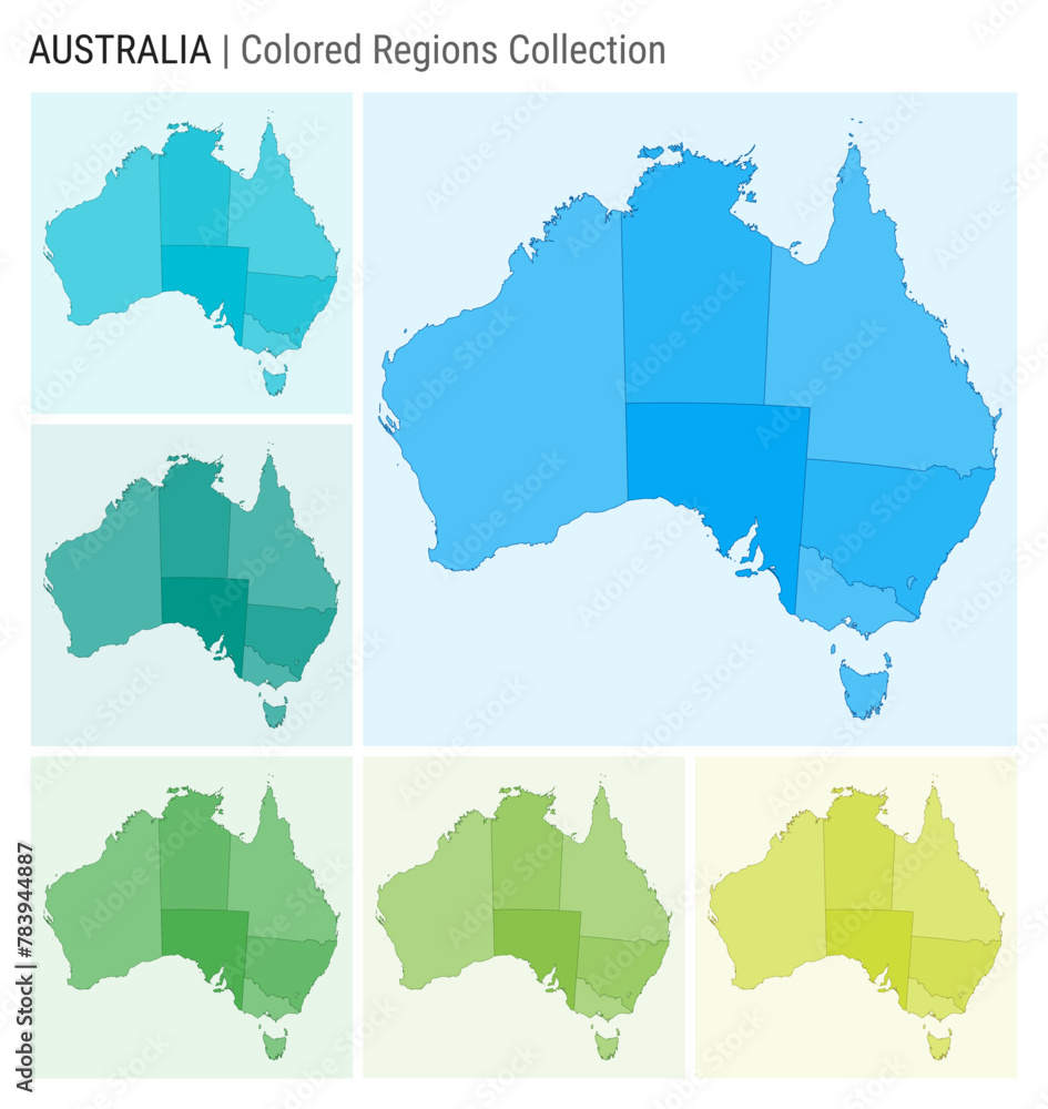 Australia map collection. Country shape with colored regions. Light Blue, Cyan, Teal, Green, Light Green, Lime color palettes. Border of Australia with provinces for your infographic.