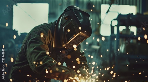 Welder in protective gear with sparks flying. photo