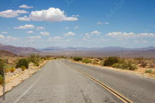 Two lane road through Joshua Tree National Park  California  USA with view of blue sky and mountains